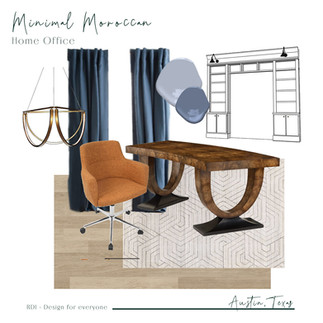 Material board for a home office showing recommended drapes, desk, office chair, lighting and paint.