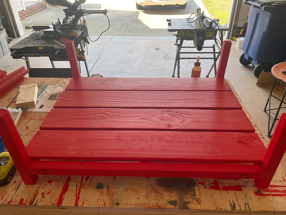 Red-orange bottom pieces sitting on top of the frame pieces inside the legs.
