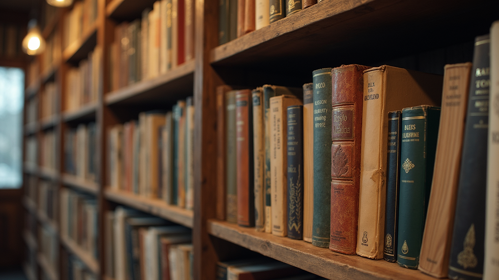 Eye-level view of a rustic bookshelf filled with unique books