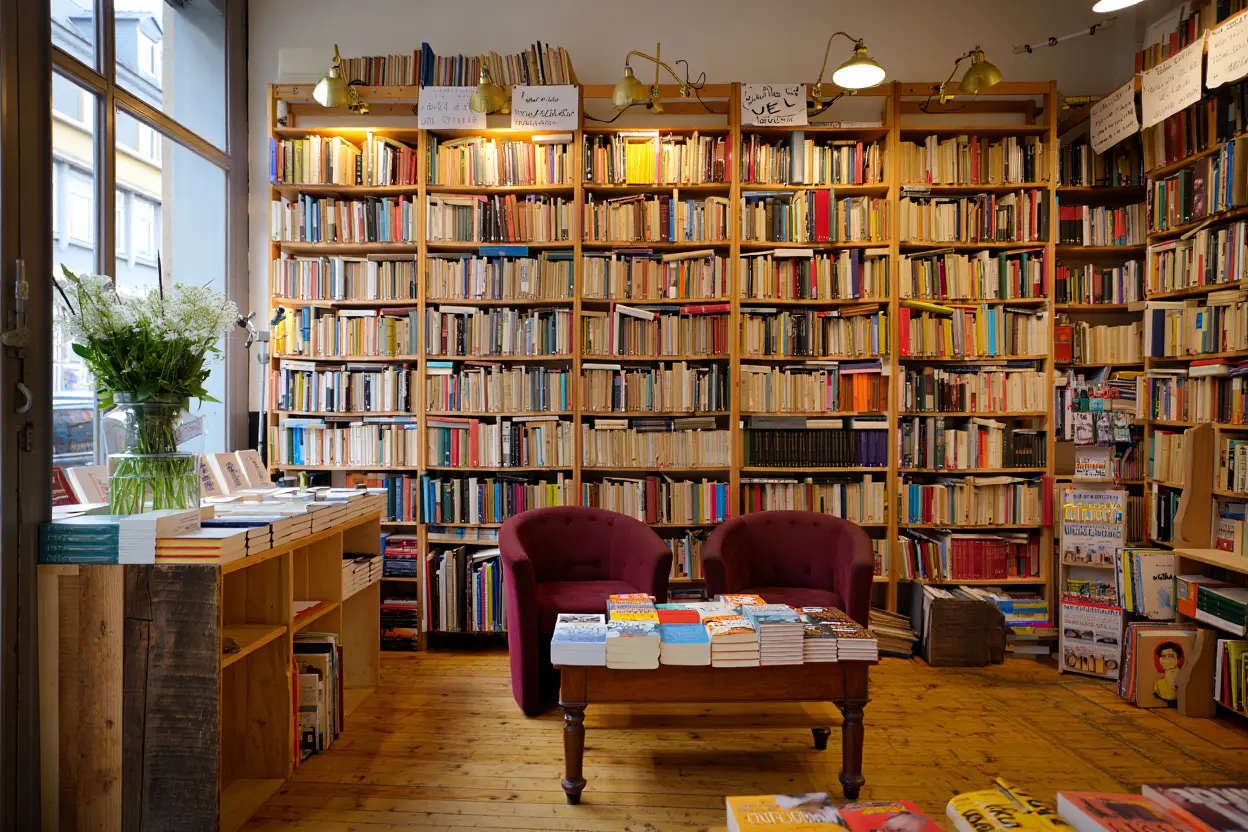 Librairie indépendante française avec étagères de livres