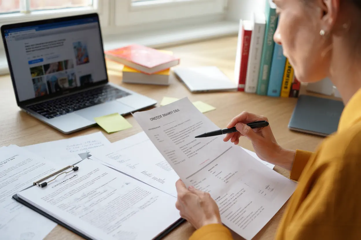 Auteur analysant des catalogues de maisons d'édition