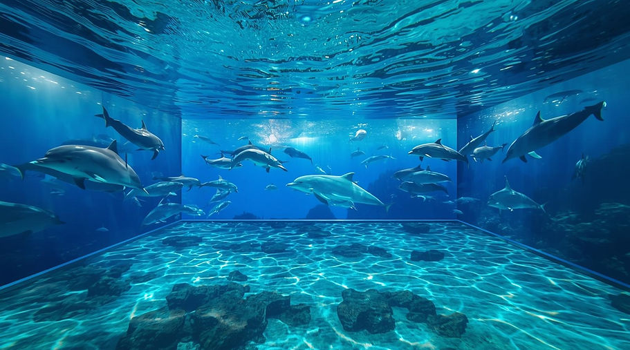 underwater perspective swimming pool with floors and walls as a single video monitor showi