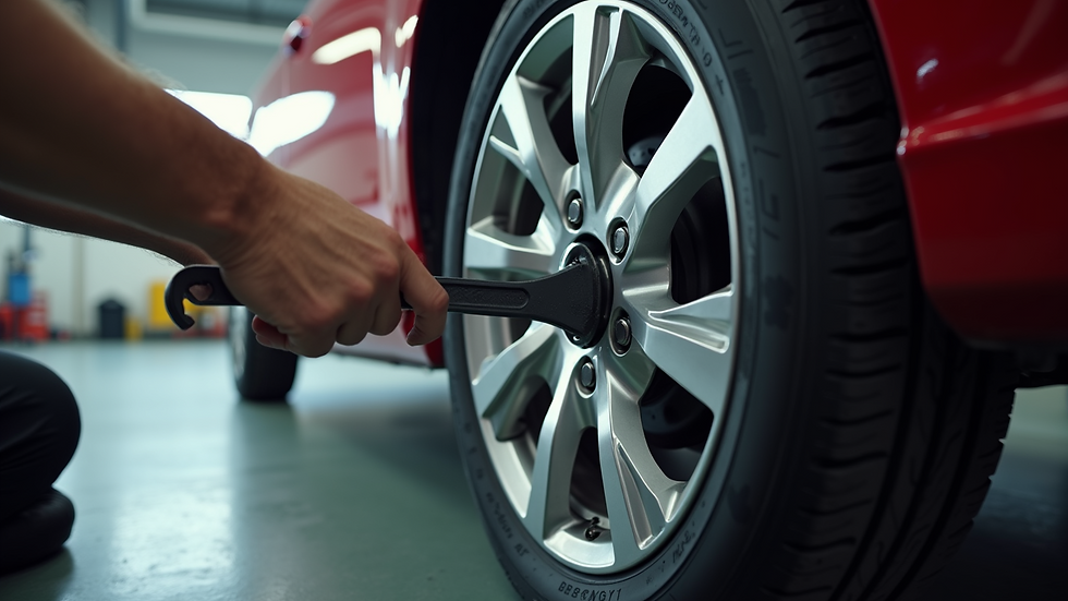 Eye-level view of car tire being tightened with a lug wrench