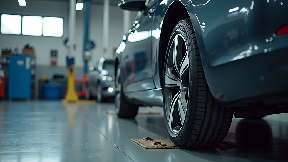 Eye-level view of a car undergoing wheel alignment in a modern service center