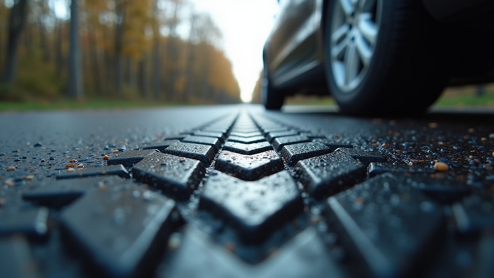 Close-up view of a car tyre tread pattern on a wet road