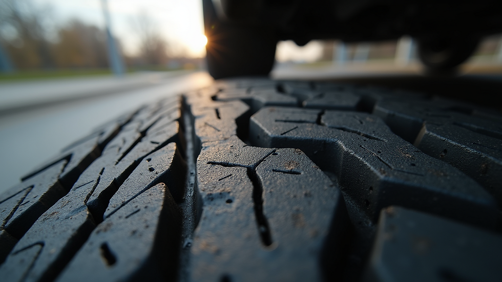 High angle view of worn tire tread close to 2/32 inch depth