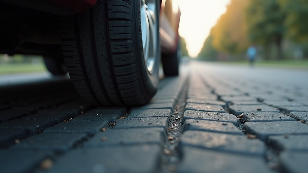 High angle view of worn car tire tread showing low tread depth