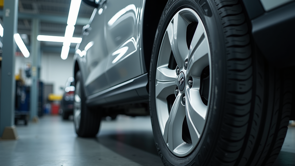 Eye-level view of SUV tyre fitting and balancing service at a workshop