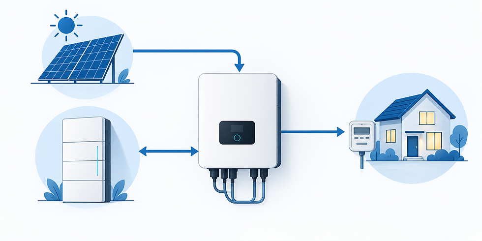 Diagram showing how a hybrid inverter connects solar panels, battery storage and home power