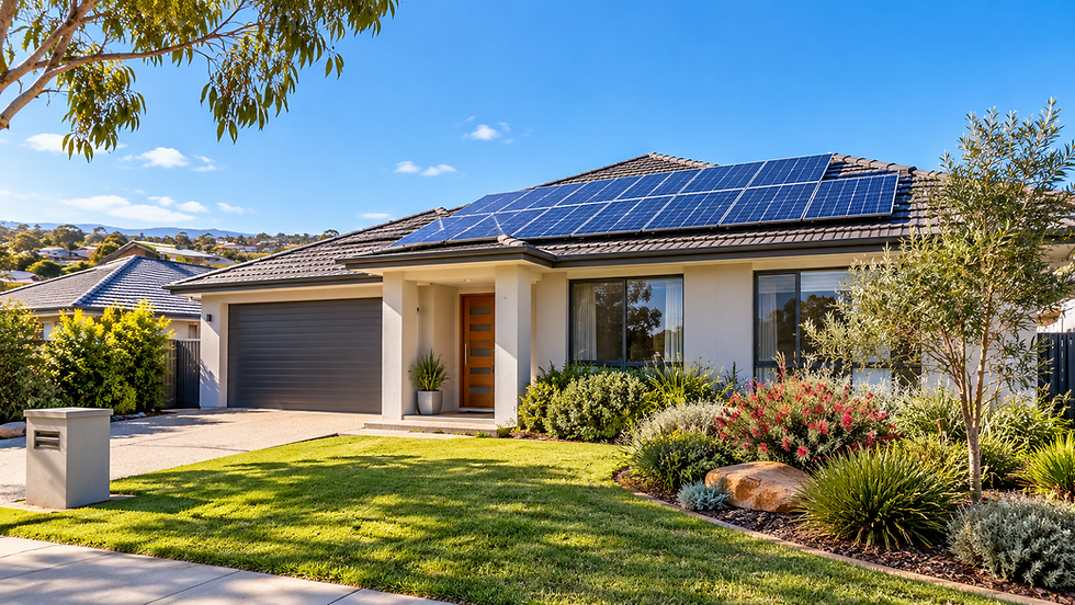 Suburban Australian home with rooftop solar panels under a clear blue sky.