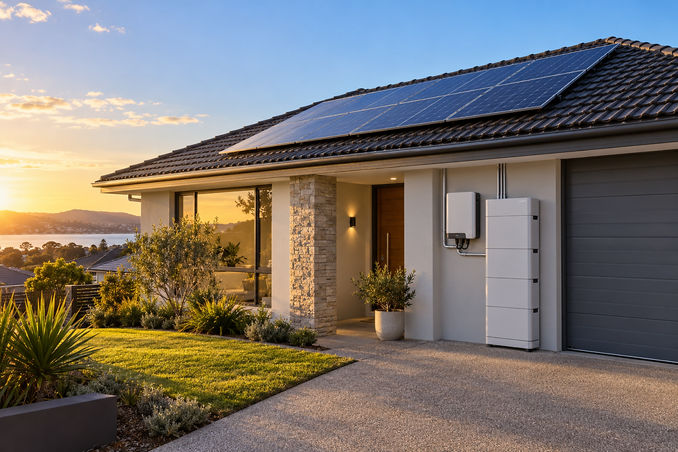 Australian home with rooftop solar panels and a stacked home battery system mounted on the garage wall
