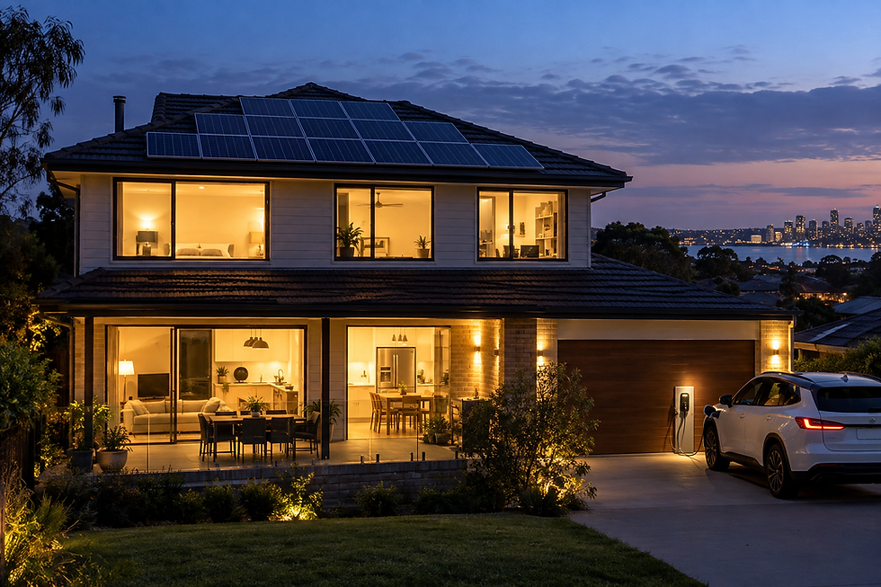 "Australian home with EV charging in the driveway and rooftop solar panels, representing a high-usage household"