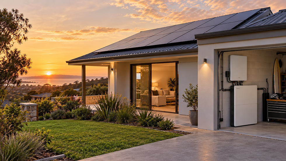 Australian home with rooftop solar panels and a wall-mounted hybrid inverter and battery system