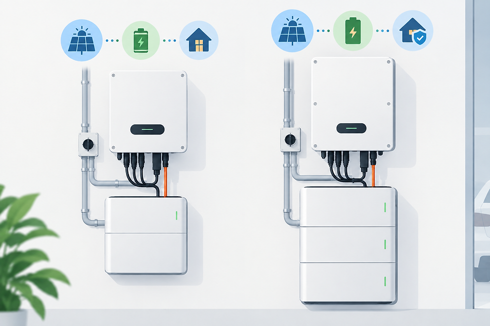 Side-by-side comparison illustration of two three-phase hybrid inverter models for solar battery systems