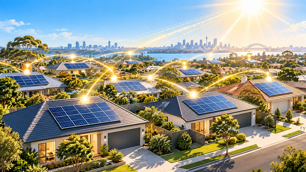 Illustration of Australian homes powered by solar energy under a bright sky