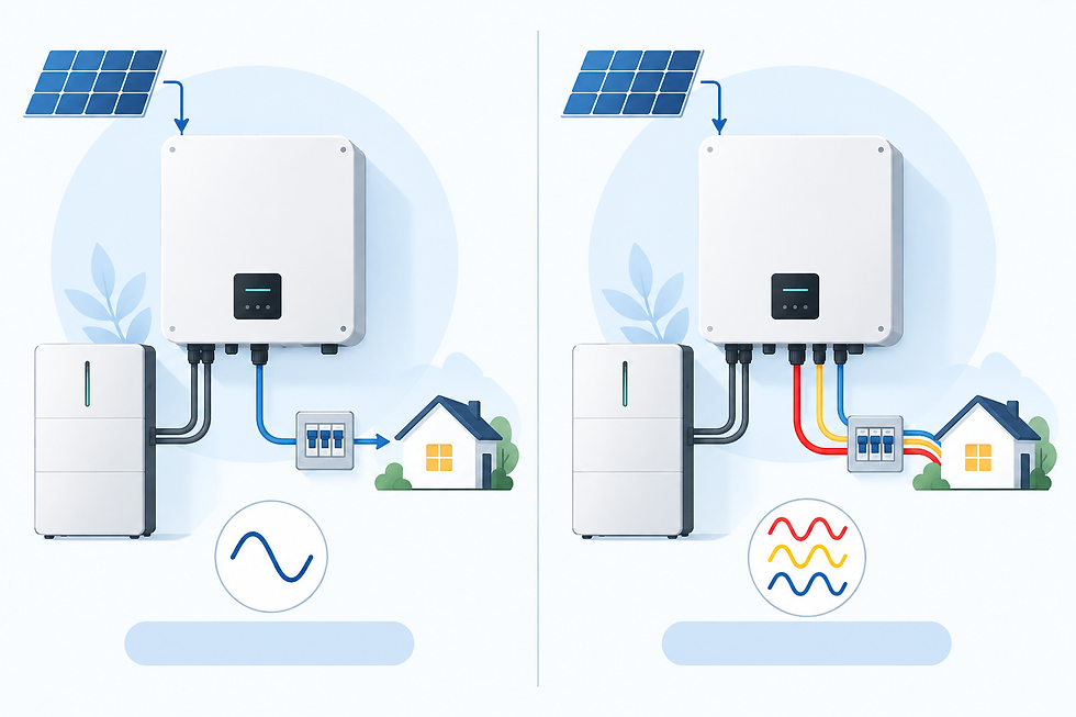 Illustration comparing a single-phase HS hybrid inverter and a three-phase HT hybrid inverter