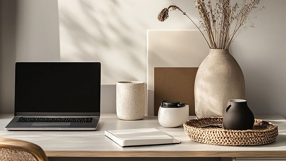 Table with laptop and flower vase