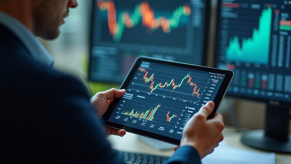 High angle view of a trader analyzing AI-generated financial reports on a tablet