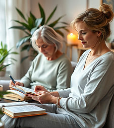adults, relaxed reading or journaling in mental stress free atmosphere getting organized w