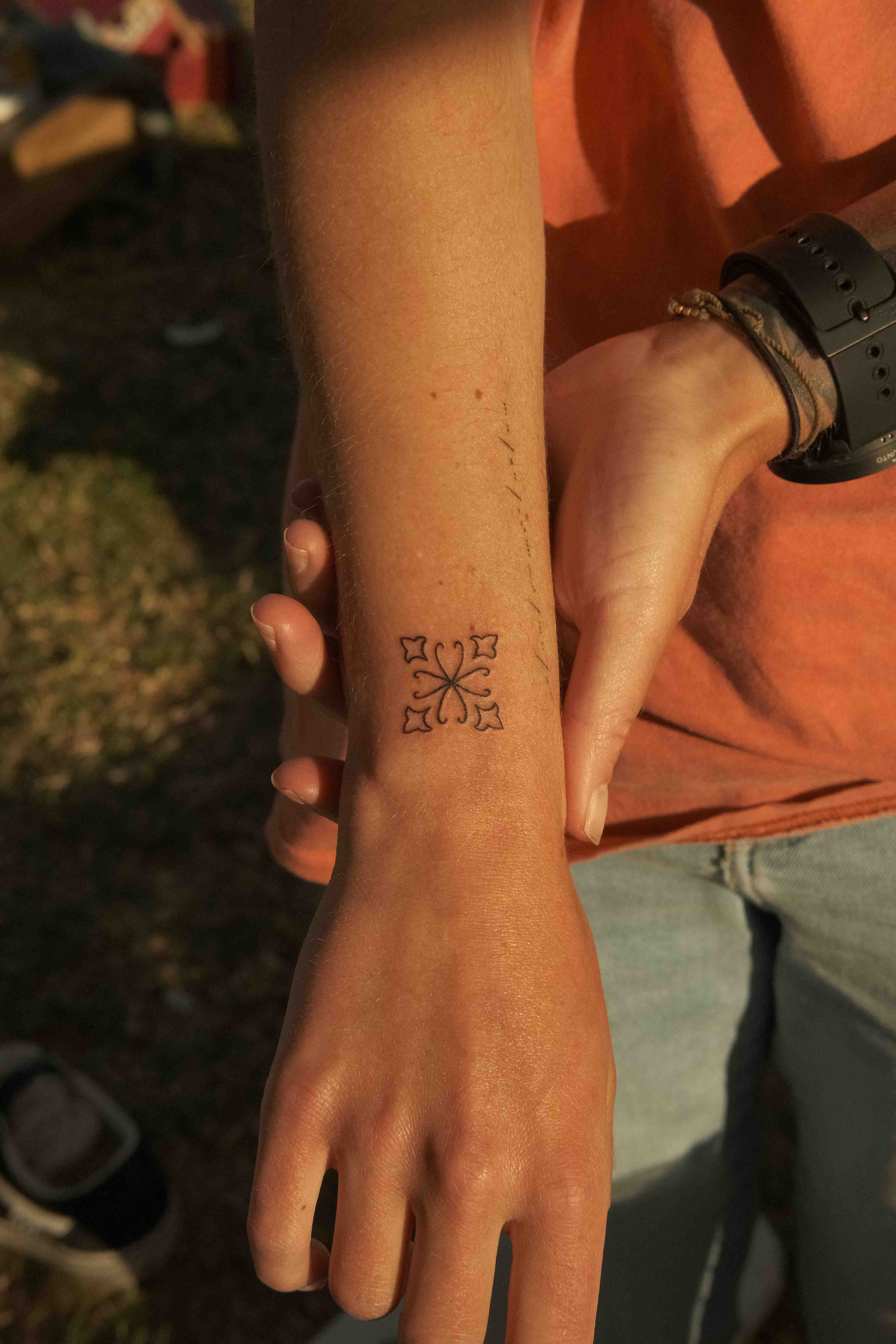 Linework style tattoo of a Portuguese tile, created at Wake Park Lagos during the Hippi Market event. The design reflects the traditional Portuguese tile art, representing the culture of Portugal, specifically the Algarve region, including Lagos and Sagres.