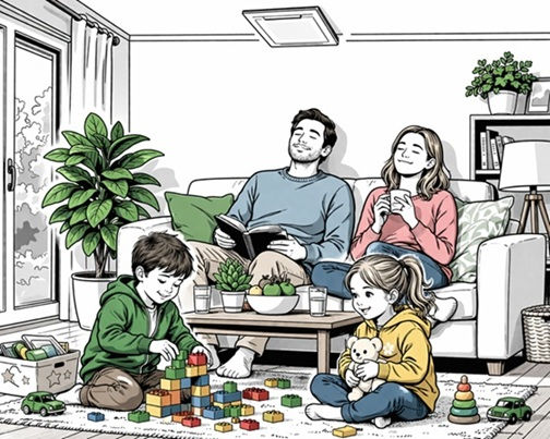On voit une famille profitant d'une VMC double flux dans son appartement