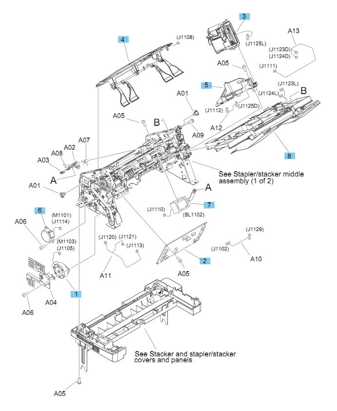 Stapler/stacker main body M604 M605 M606 Printers Part Diagram
