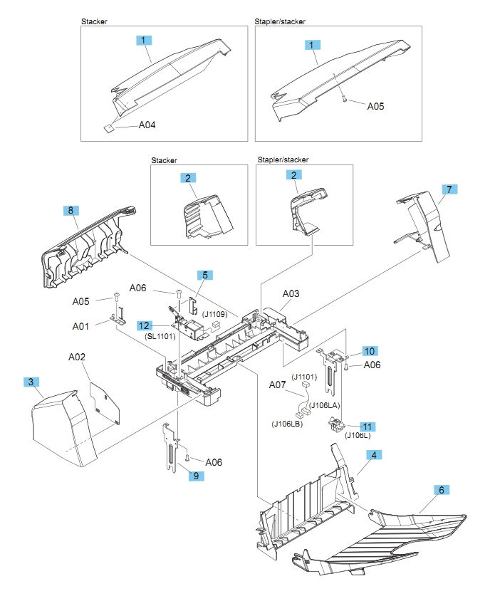 Stapler and Stapler/Stacker Covers M604 M605 M606 Printers Part Diagram
