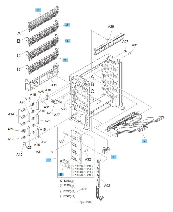 5 Bin Mailbox Main Body 1 of 2 M604 M605 M606 Printers Part Diagram