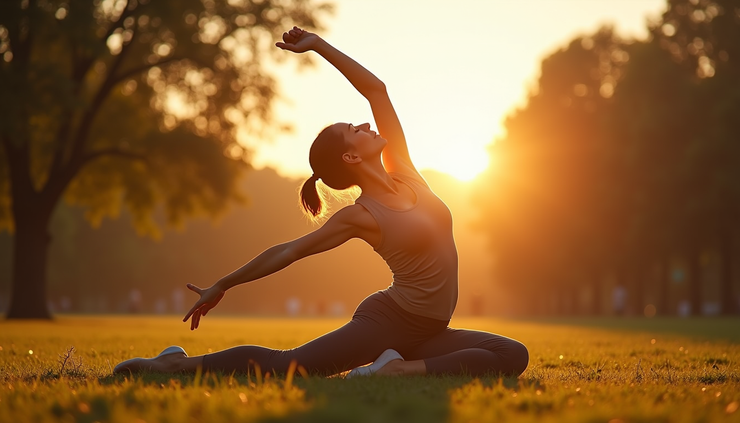 Eye-level view of a person stretching outdoors in a park during sunrise