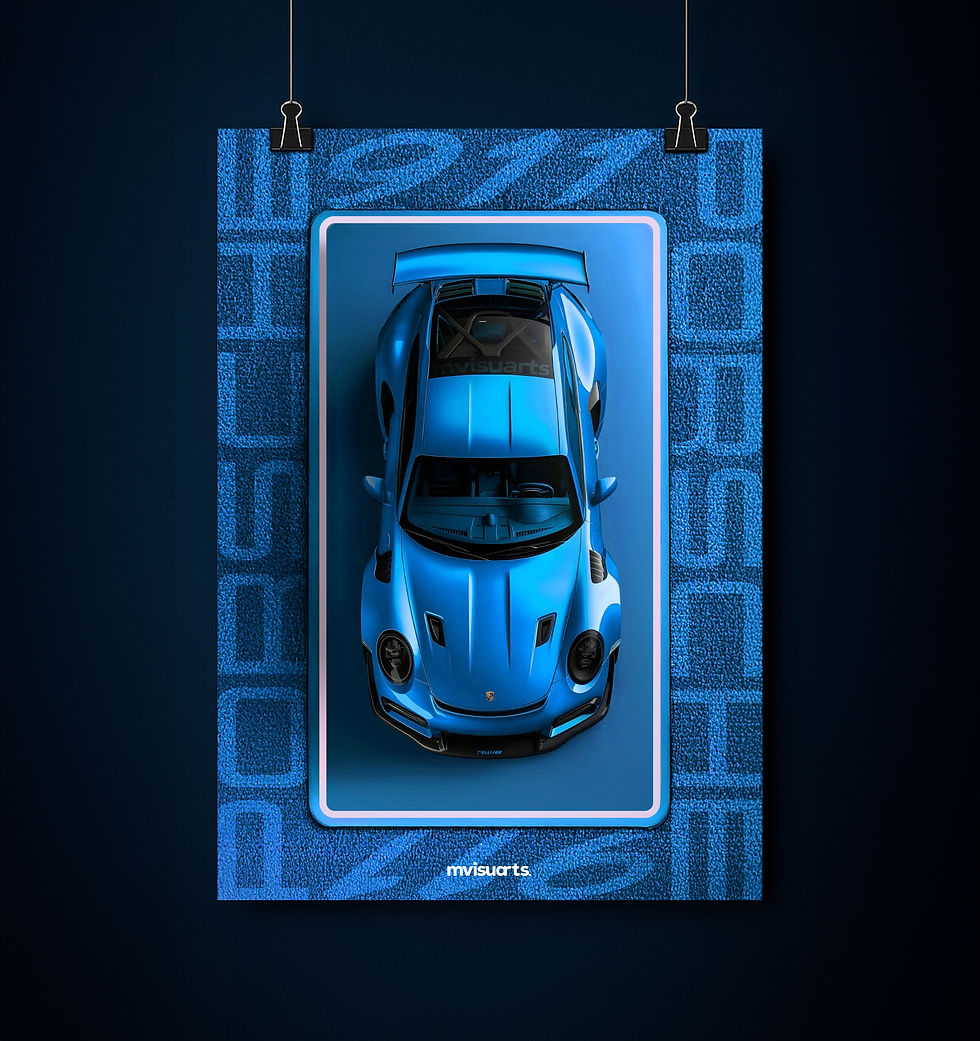 Diseño del poster digital del GT3 RS suspendido por pinzas.