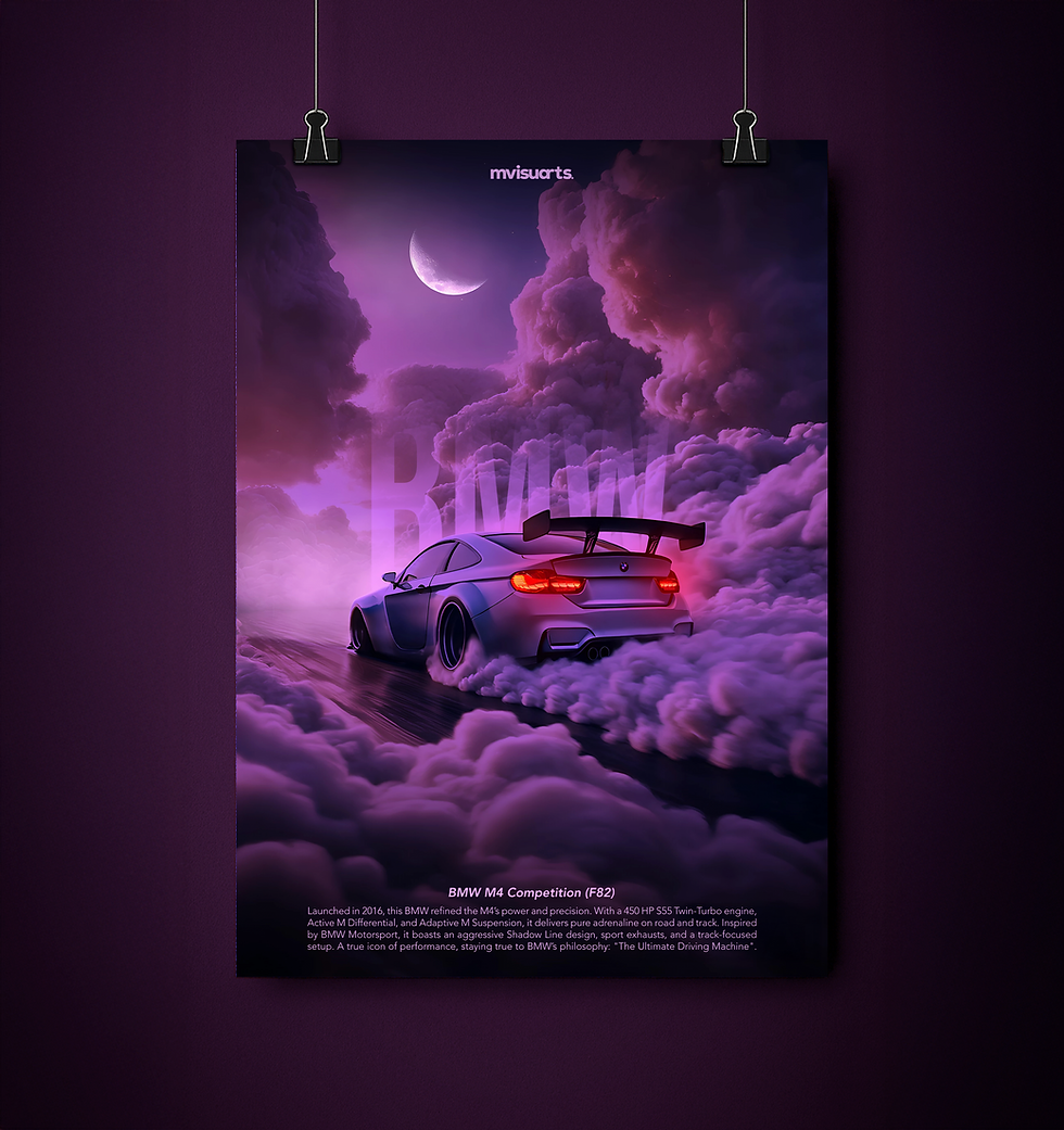 Diseño poster digital del BMW M4 derrapando colgado.