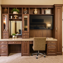 Rich woodgrain built-in desk with a TV cabinet, display shelves and crown molding