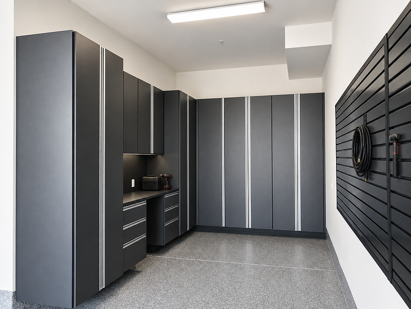 Charcoal L-shaped garage cabinets with slatwall
