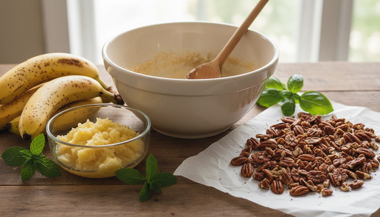 Close-up of ripe bananas, crushed pineapple, toasted pecans, and fresh mint ready for vegan cake batter.