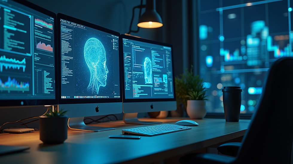 Eye-level view of a modern workspace with AI technology on a computer screen