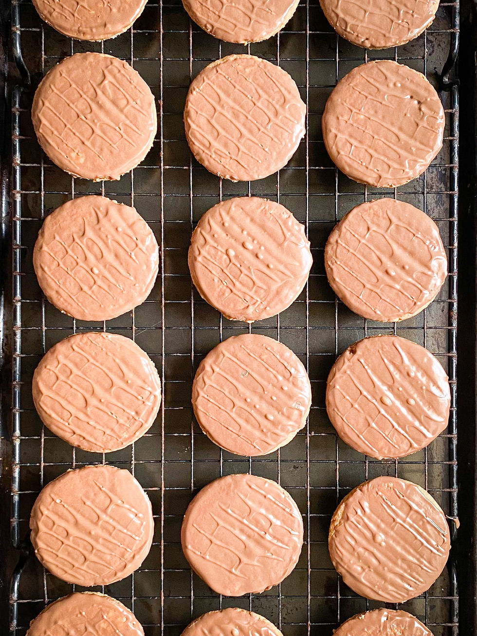 Gluten Free Chocolate Digestive Biscuits on a rack from above.
