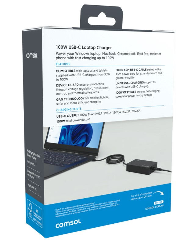 Thumbnail: Comsol 100W USB-C laptop charger UC100CAB box back with features and USB-C specs