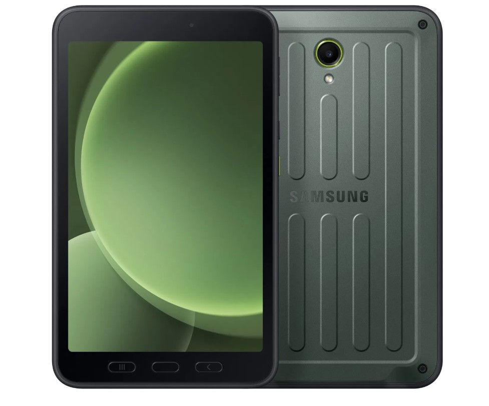 Samsung Galaxy Tab Active5 8" rugged Android tablet in green, front and back view with S Pen support, SM-X306BZGESTS