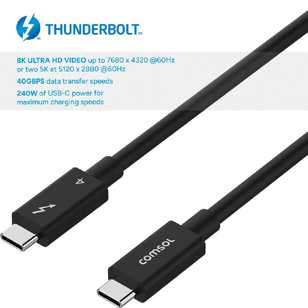 Comsol Thunderbolt 4 cable features: 8K video, 40Gbps data, 240W USB-C power, Comsol branded connectors