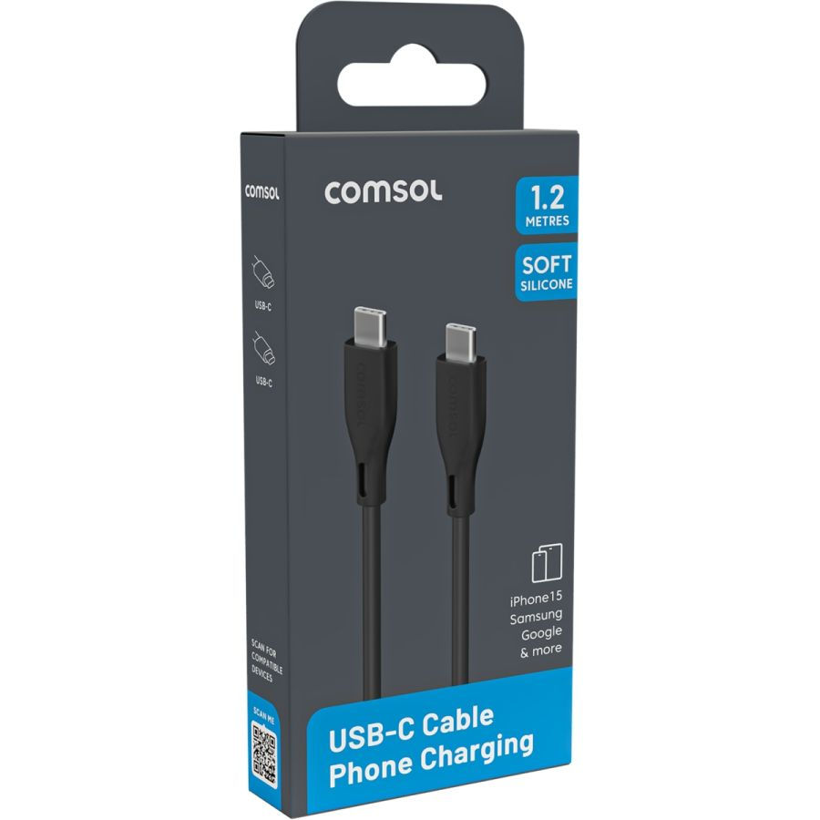 Thumbnail: Comsol 1.2m USB-C to USB-C soft silicone charging cable CCSS12BK retail box iPhone Samsung Google