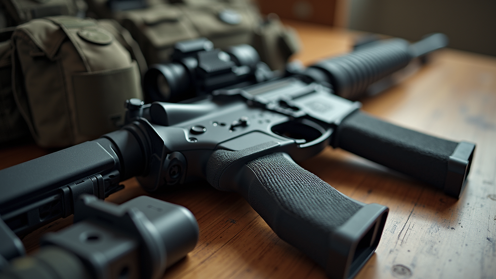 Close-up view of tactical gear laid out for combat training