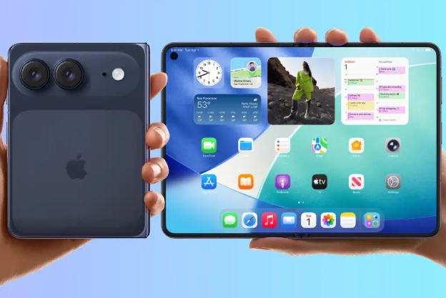Concept image of Apple Duo foldable smartphone compared with traditional iPhone design