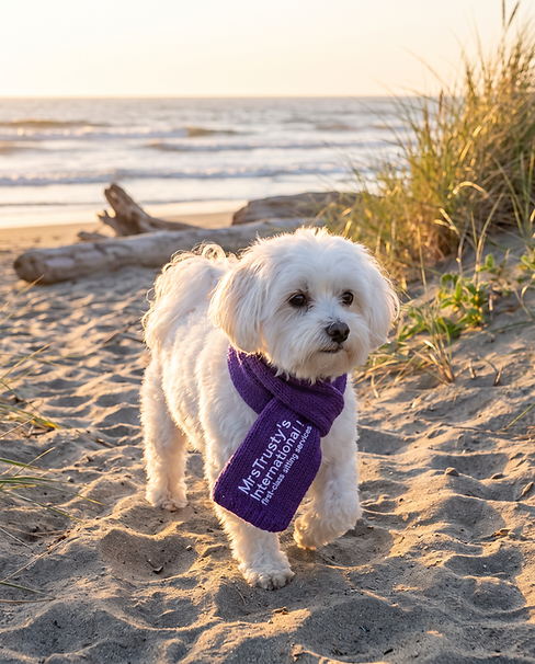 Generated with Kive.ai - create a real white small dog walking_ light natur beach backgrou