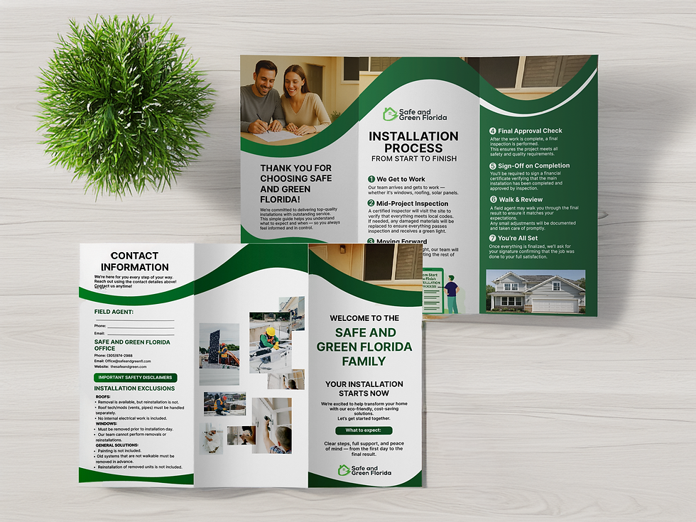 Safe and Green Florida marketing print materials showcasing clear layout and eco-oriented branding.