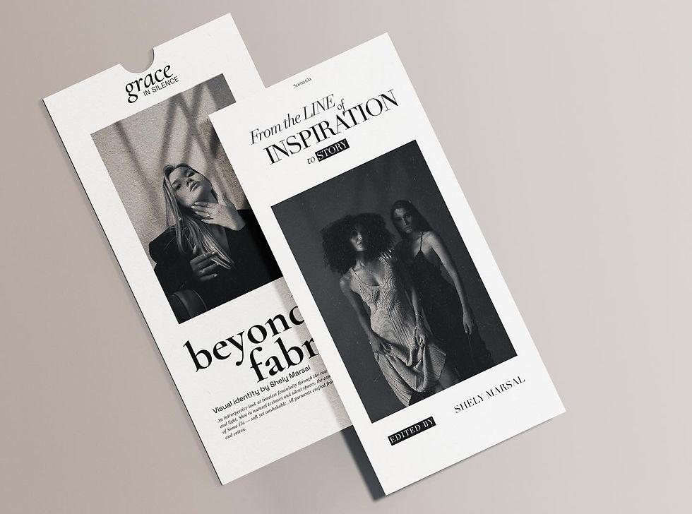 Editorial flyers for soma ela fashion store showcasing typographic layout and fashion photography.