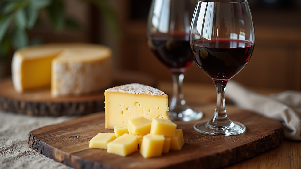 High angle view of a cheese and wine pairing setup