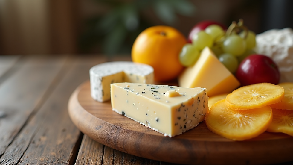 Close-up view of a wooden cheese board with assorted cheeses and fruits