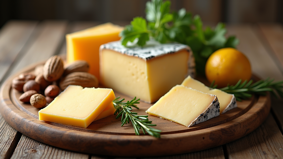 High angle view of a cheese board with assorted cheeses, nuts, and fresh herbs