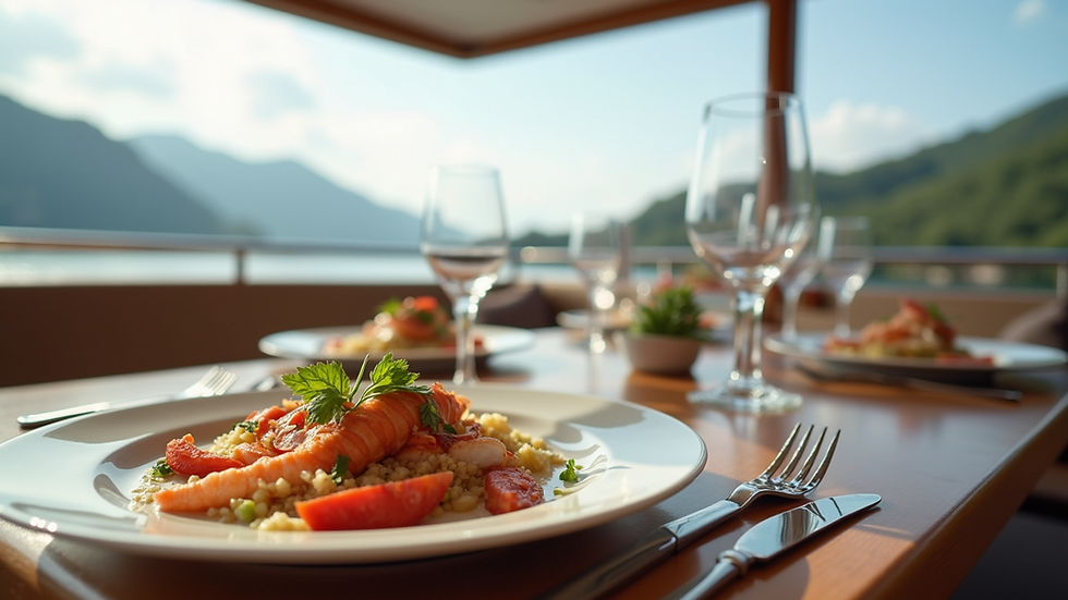 Eye-level view of a luxury yacht dining table set with elegant glassware and fresh seafood