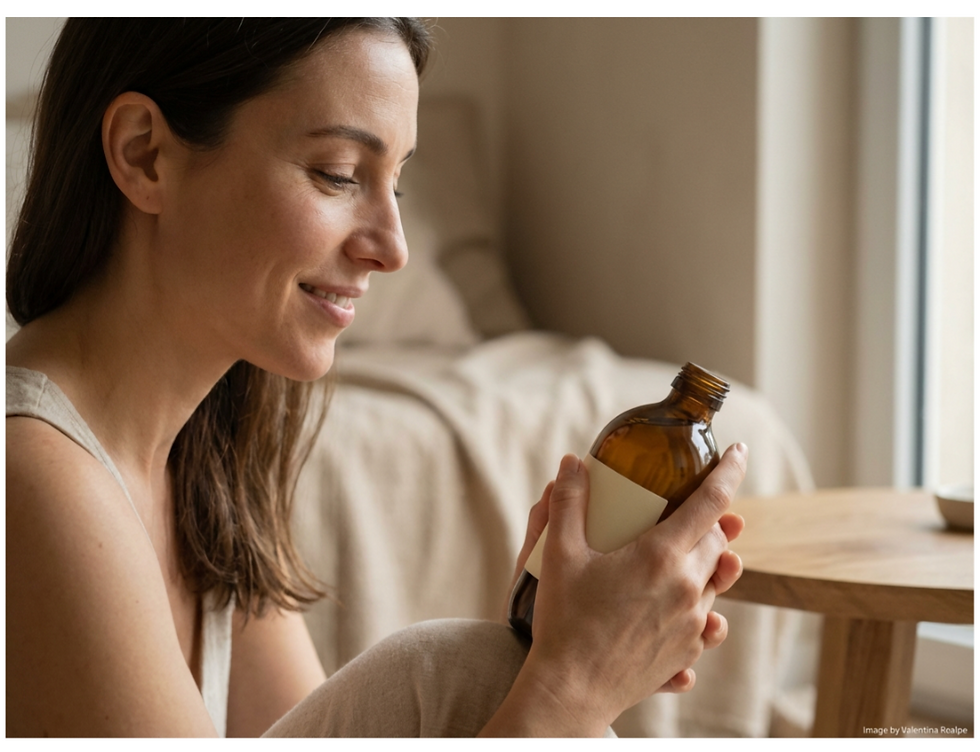 Person holding a minimalist skincare product with a calm, emotional expression, illustrating how emotional connection can be more powerful than functional product features.